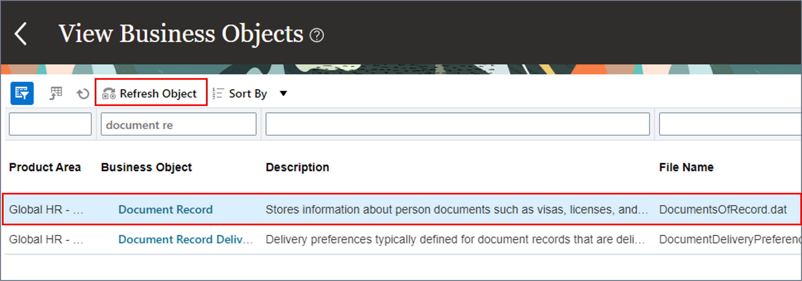 Use the query by example to search for Document Recor and click Refresh Object
