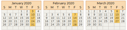 Monthly calendar with each Friday highlighted as when the Run Grade Step Progression process runs.