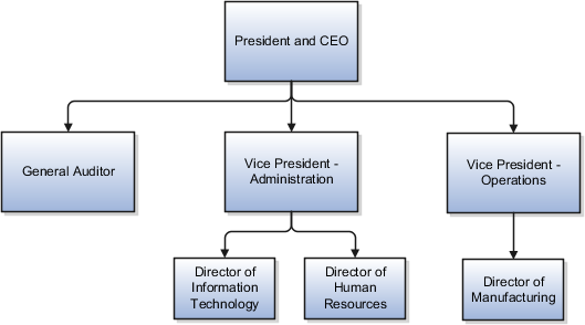 A figure that illustrates a hierarchy of positions within a company. In the position hierarchy the directors report to the Vice Presidents The General Auditor and the Vice Presidents report to the President and CEO of the company.