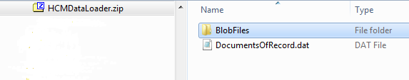 This figure shows an example HCM Data Loader .zip file named HCMDataLoader.zip. It contains a BlobFiles folder in addition to a DocumentsOfRecord.dat file.