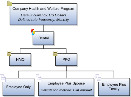 This figure illustrates an example program with the associated plan type, plans, and plan options.