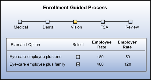 This figure shows the resulting configuration on the self-service pages, with only the employee and employer rates visible for each Vision plan and option.