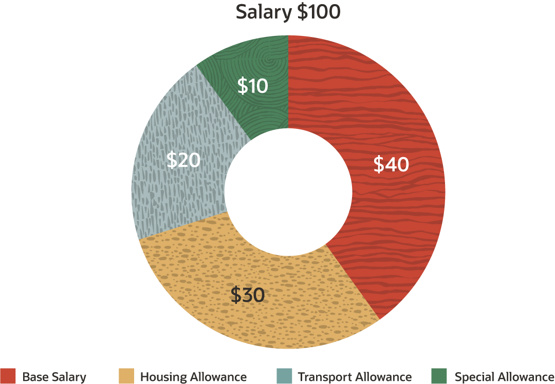 Donut graphic showing the 4 itemizations that make up the $100 salary. The itemizations are a $10 special allowance, $40 base salary, $30 housing allowance, and a $20 transport allowance.