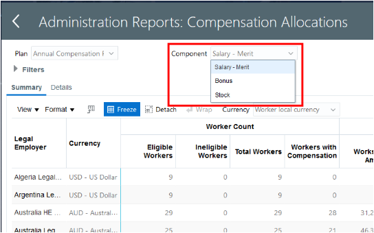 An example Component choice list showing the Salary - Merit, Bonus, and Stock components.