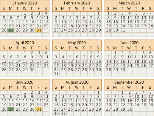 Monthly calendars for January through September showing contract approvals and rate synchronizations for January and July