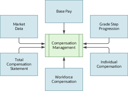 Wheel showing the compensation functional areas that make up Compensation Management offering