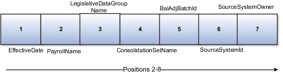 This figure shows the different attributes for positions 2 through 8 for Balance Adjustments.