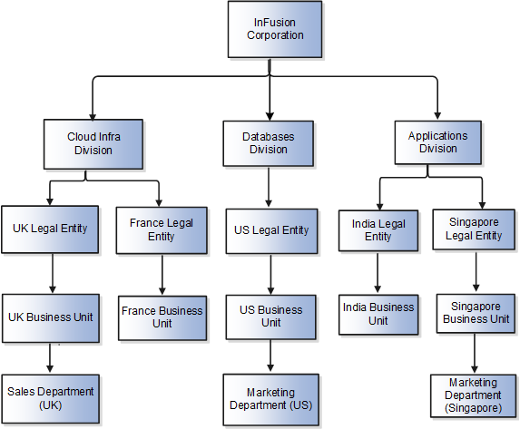 This figure depicts the divisions, legal entities, business units, and department structure for InFusion Corporation