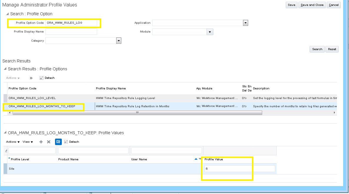 Manage Administrator Profile Values page showing the profile optioni to select and to edit the Site level profile value.