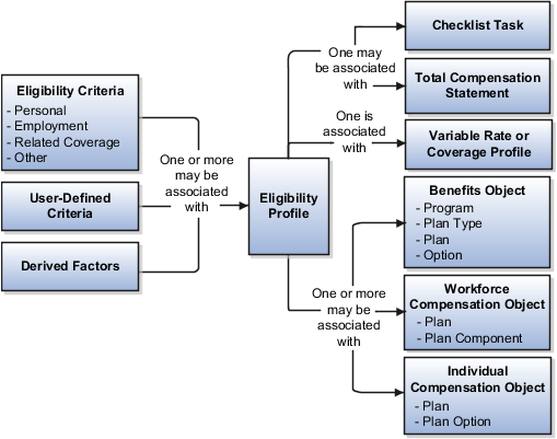 This figure illustrates the eligibility profile components and the different objects that can use an eligibility profile.