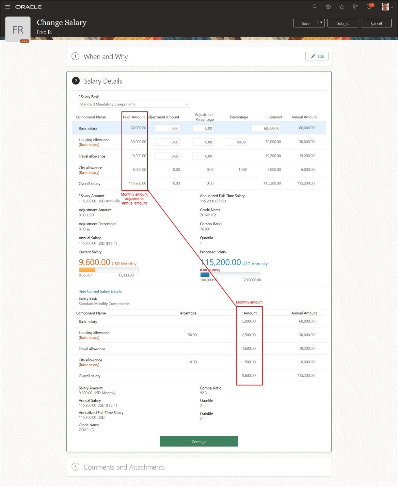 The salary section of the Change Salary action where the current salary component amounts are for a monthly frequency. The basic salary amount is 5,000. The housing allowance amount is 2,500. The travel allowance amount is 1,600. The city allowance amount is 500. And the overall salary amount is 9,600. The prior amounts of the proposed salary were automatically adjusted to annual amounts. The prior basic salary amount is 60,000. The prior housing allowance amount is 30,000. The prior travel allowance amount is 19,200. The prior city allowance amount is 6,000. And the prior overall salary amount is 115,200.