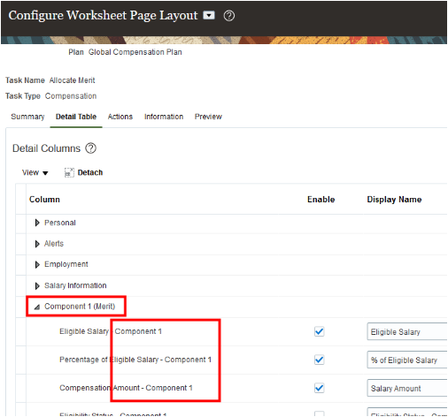 Example Detail Table tab on the Configure Worksheet Page Layout page.