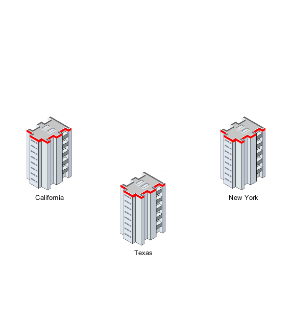 This diagram shows three buildings located in CA, TX, and NY.