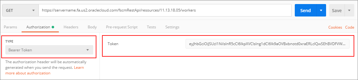 Postman example with authorization key and bearer token.