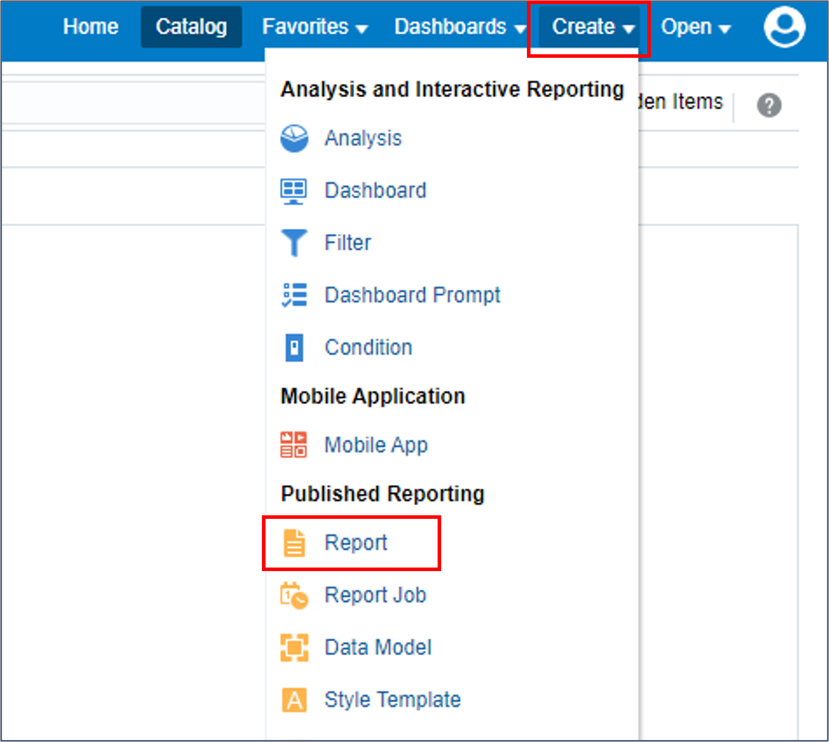 On the page toolbar click Create, then select Report from the Published Reporting section.
