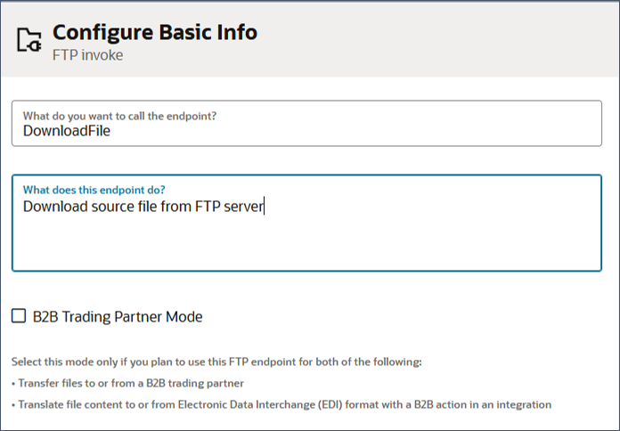 Specify a name and description for the FTP invoke action