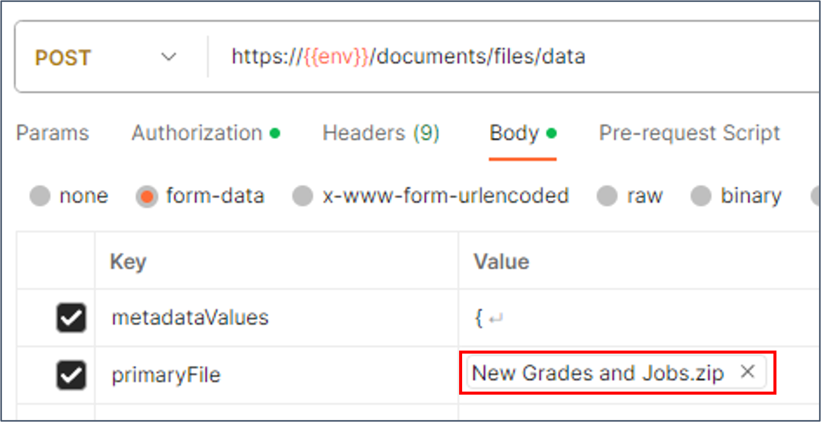 Hover over the primaryFile entry to see the Text/File choice list.