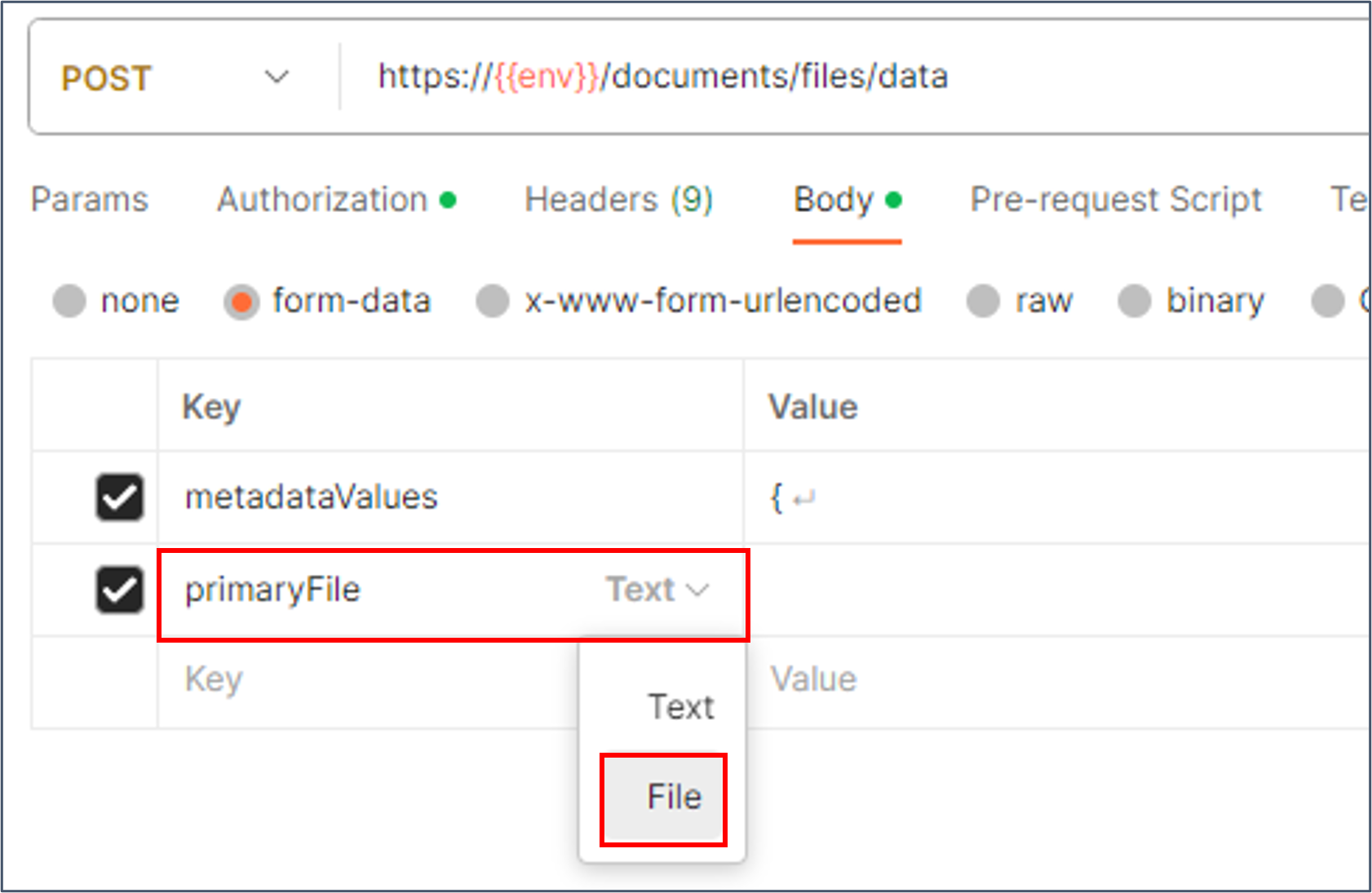 Hover over the primaryFile entry to see the Text/File choice list.