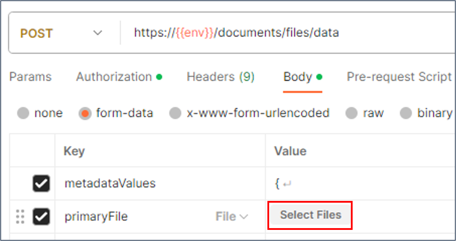 Hover over the primaryFile entry to see the Text/File choice list.