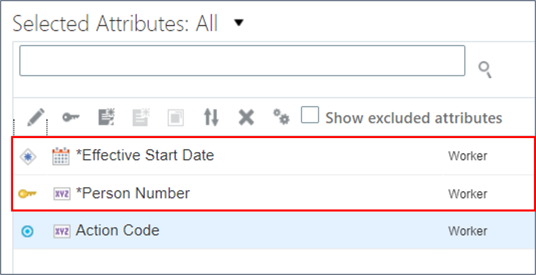 The Effective Start Date and Person Number attributes are automatically added to the Selected Attributes panel