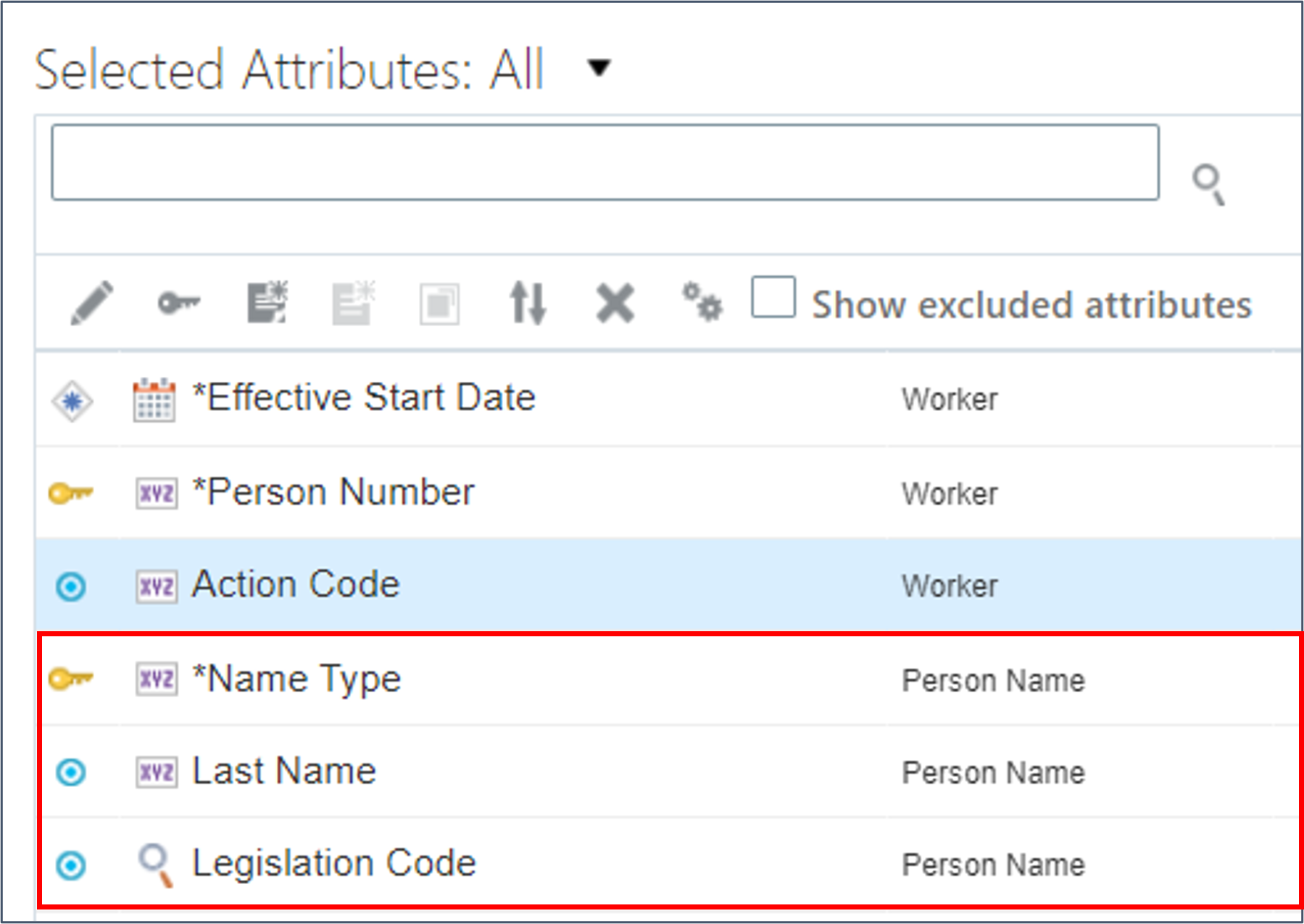 The Effective Start Date and Person Number attributes aren't visible in the Selected Attributes panel