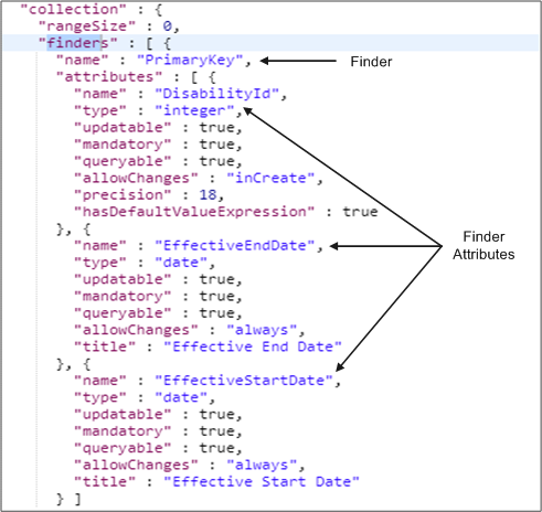 The describe operation returns the finders and finder attributes of the workers resource, for example, PrimaryKey and its attributes DisabilityId, EffectiveEndDate, and EffectiveStartDate. The describe operation returns the finders and finder attributes of the workers resource, for example, PrimaryKey and its attributes DisabilityId, EffectiveEndDate, and EffectiveStartDate.