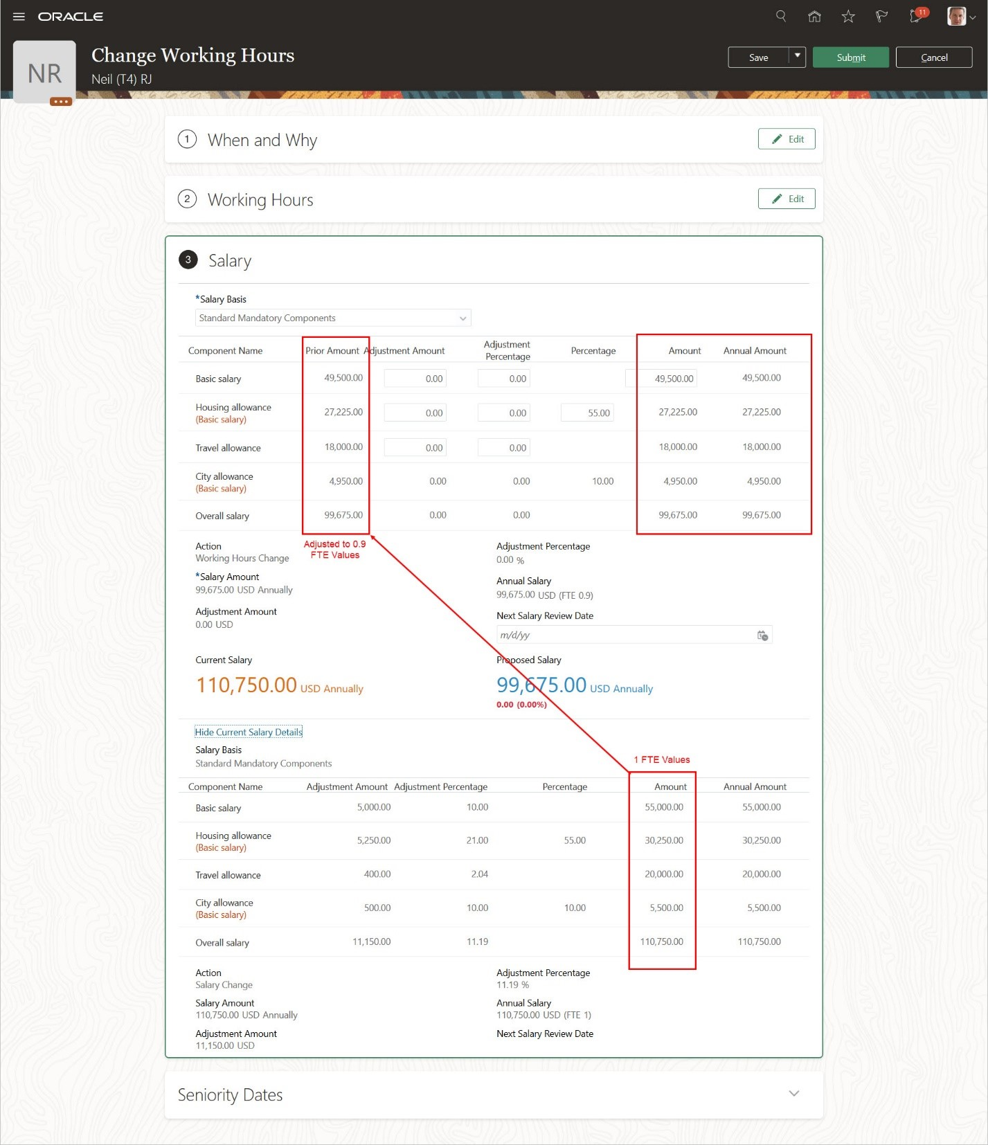 The salary section of the Change Working Hours action where the current salary component amounts are based on an FTE of 1. The basic salary amount is 55,000. The housing allowance amount is 30,250. The travel allowance amount is 20,000. The city allowance amount is 5,500. And the overall salary amount is 110,750. The prior amounts of the proposed salary were automatically adjusted for the FTE of 0.9. The prior basic salary amount is 49,500. The prior housing allowance amount is 27,225. The prior travel allowance amount is 18,000. The prior city allowance amount is 4,950. And the prior overall salary amount is 99,675.