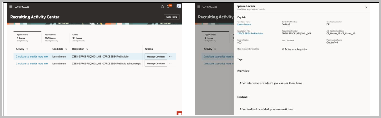 Job Application Preview Key Info in Recruiting Activity Center