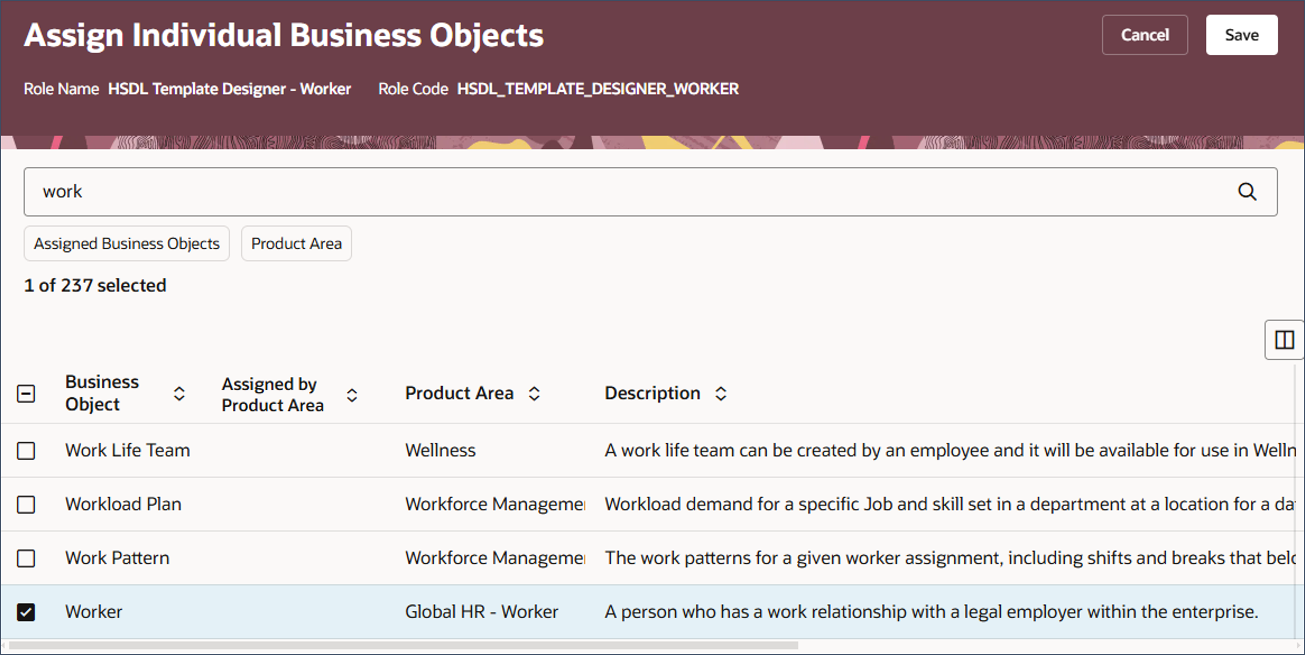 Select the business objects to assign