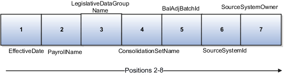 This figure shows the different attributes for positions 2 through 8 for Balance Adjustments.