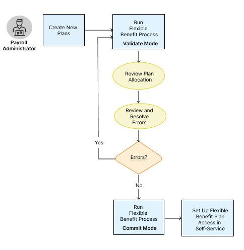 The Payroll Administrator creates all the plans and validates them by running the flow and then, setting the availability to the specific employee groups.