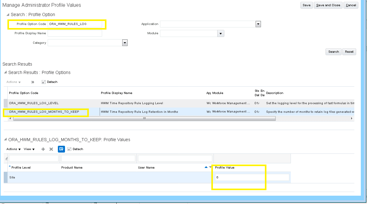 Manage Administrator Profile Values page showing the profile option to select and to edit the Site level profile value.
