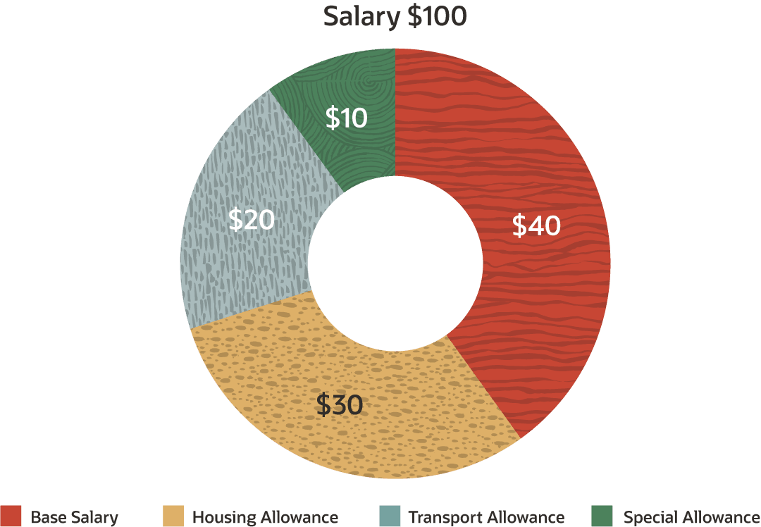 Donut graphic showing the 4 itemizations that make up the $100 salary. The itemizations are a $10 special allowance, $40 base salary, $30 housing allowance, and a $20 transport allowance.