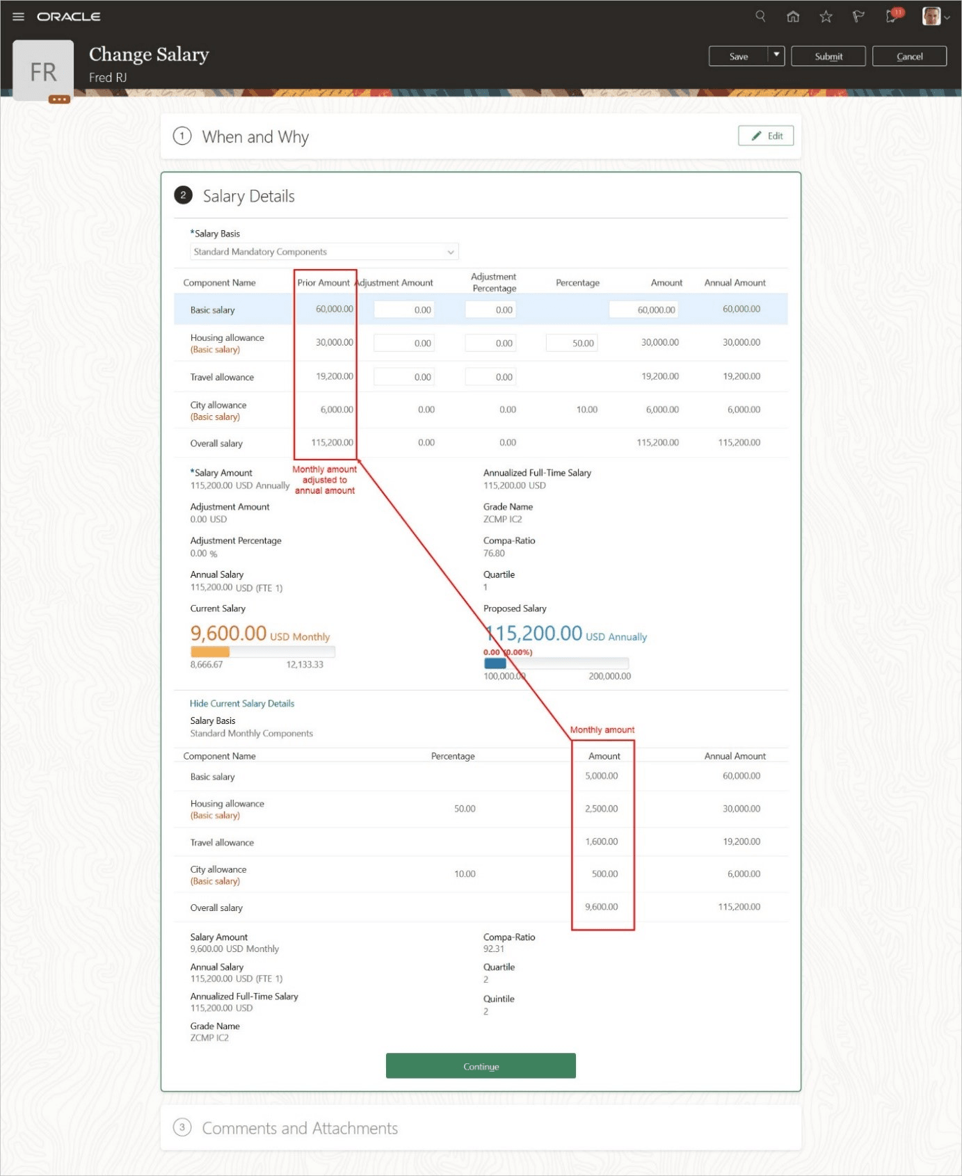 The salary section of the Change Salary action where the current salary component amounts are for a monthly frequency. The basic salary amount is 5,000. The housing allowance amount is 2,500. The travel allowance amount is 1,600. The city allowance amount is 500. And the overall salary amount is 9,600. The prior amounts of the proposed salary were automatically adjusted to annual amounts. The prior basic salary amount is 60,000. The prior housing allowance amount is 30,000. The prior travel allowance amount is 19,200. The prior city allowance amount is 6,000. And the prior overall salary amount is 115,200.
