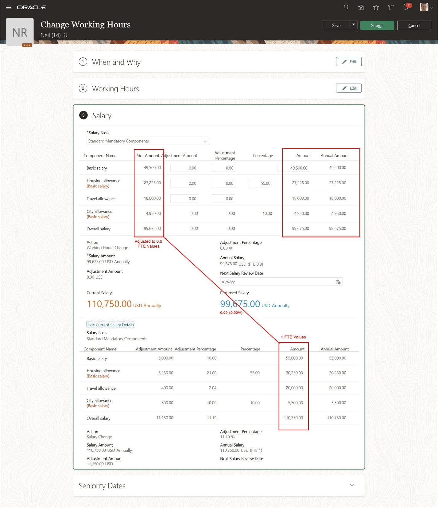 The salary section of the Change Working Hours action where the current salary component amounts are based on an FTE of 1. The basic salary amount is 55,000. The housing allowance amount is 30,250. The travel allowance amount is 20,000. The city allowance amount is 5,500. And the overall salary amount is 110,750. The prior amounts of the proposed salary were automatically adjusted for the FTE of 0.9. The prior basic salary amount is 49,500. The prior housing allowance amount is 27,225. The prior travel allowance amount is 18,000. The prior city allowance amount is 4,950. And the prior overall salary amount is 99,675.