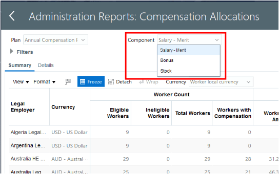 An example Component choice list showing the Salary - Merit, Bonus, and Stock components.