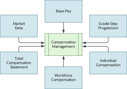 Wheel showing the compensation functional areas that make up Compensation Management offering