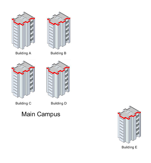 This diagram shows a group of buildings in a main campus and a separate building nearby.