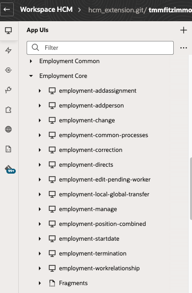 Image shows the Visual Builder extensions available for the Employment Core page. This image is used as an example and is for informational purposes only.