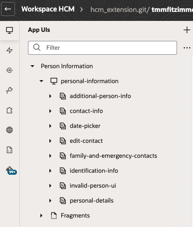 Image shows the Visual Builder extensions available for the Person Information page. This image is used as an example and is for informational purposes only.