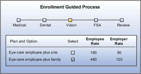 This figure shows the resulting configuration on the self-service pages, with only the employee and employer rates visible for each Vision plan and option.