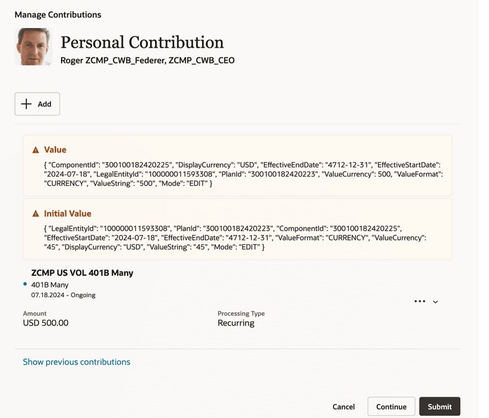 Validation rule result showing the proposed and initial values