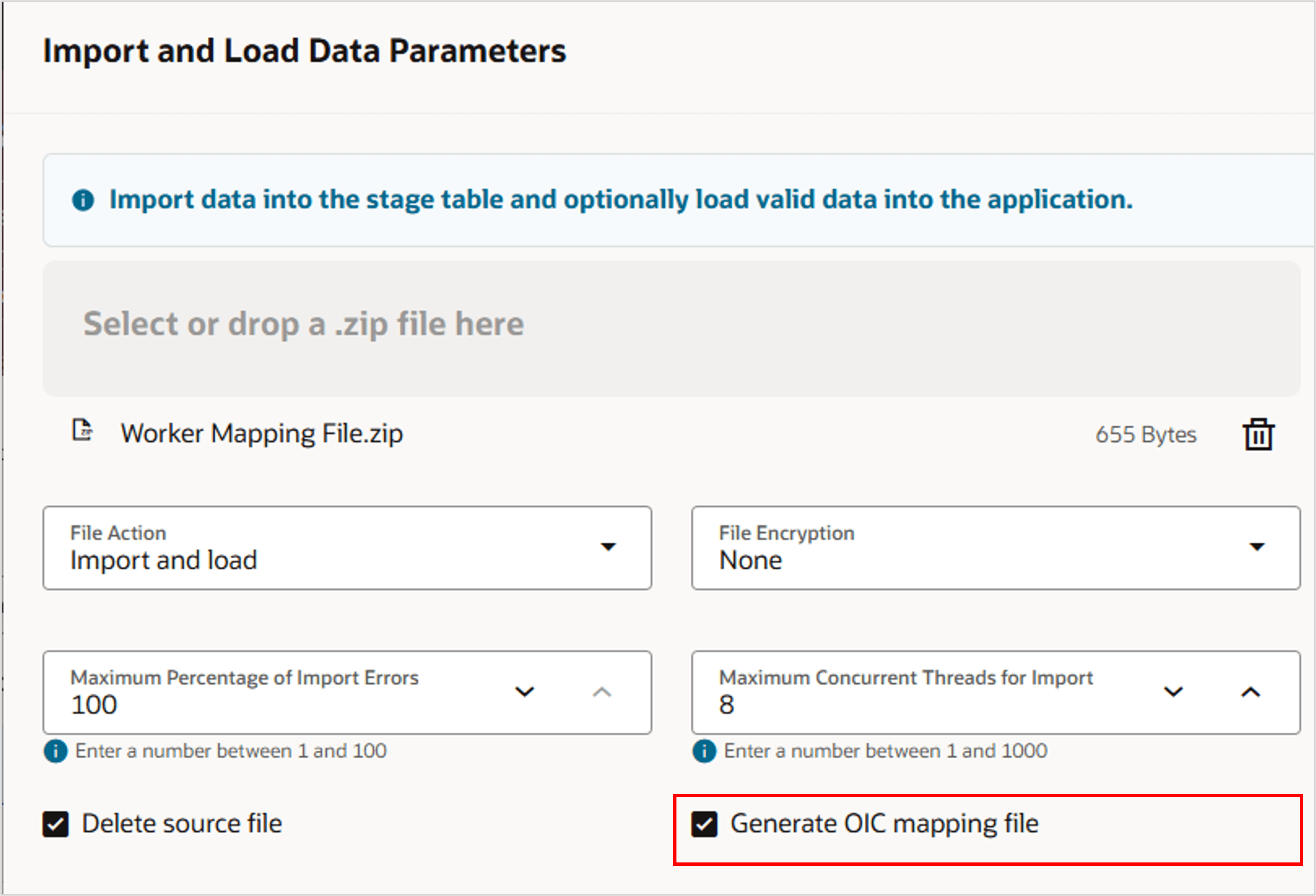 Select the source file and click Review Parameters