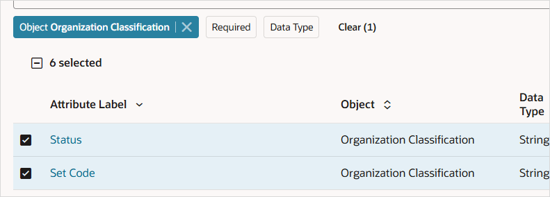 Select Organization Classification attributes
