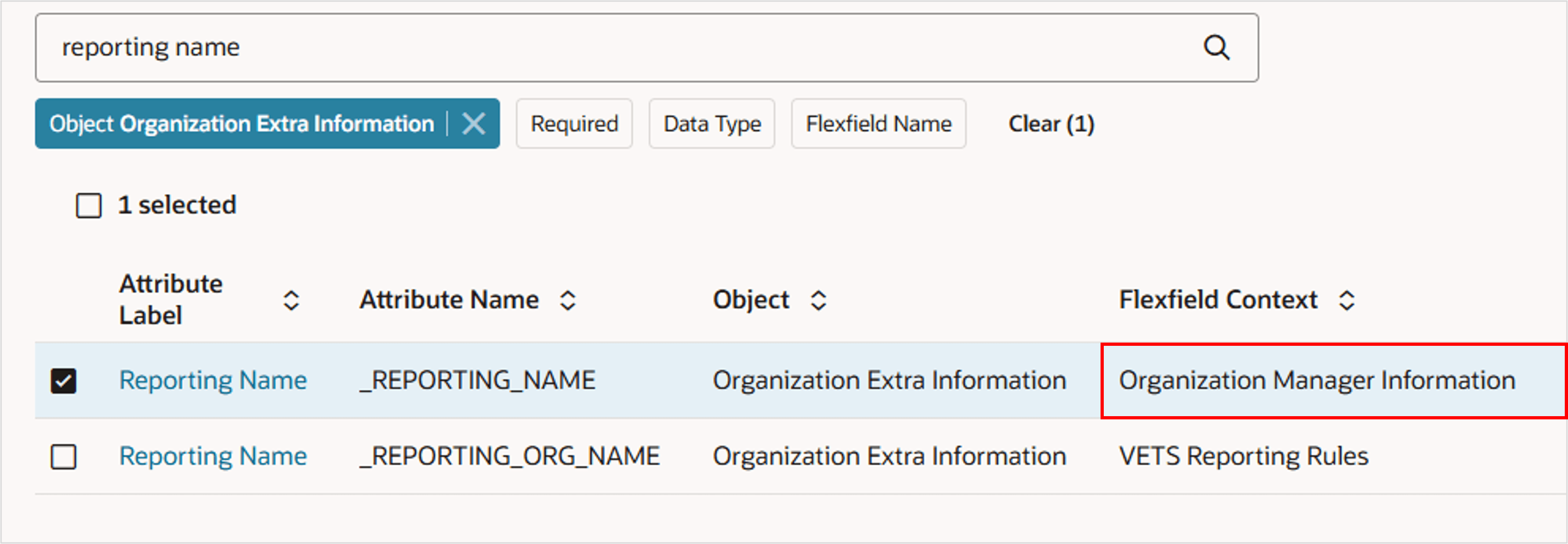 Select Reporting Name from the Organization Manager Information context