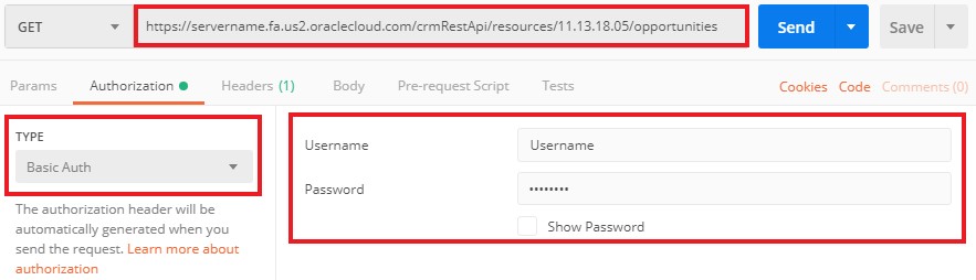 Postman example with basic authentication, user name, and password.