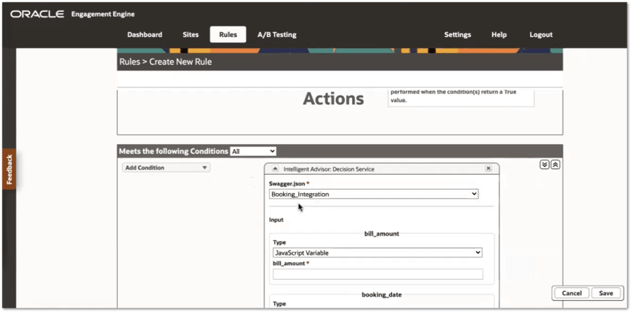 The Intelligent Advisor decision service condition in an Engagement Engine rule