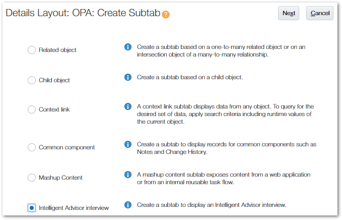 The Create Subtab page in Oracle Fusion showing the Intelligent Advisor interview option selected