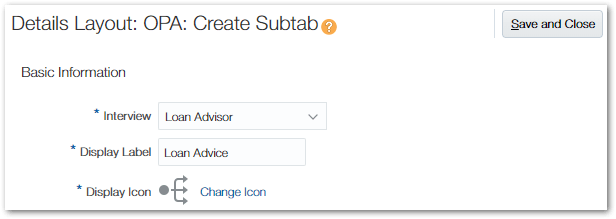 The Create Subtab Basic Information page in Oracle Fusion showing the configuration of the Intelligent Advisor interview