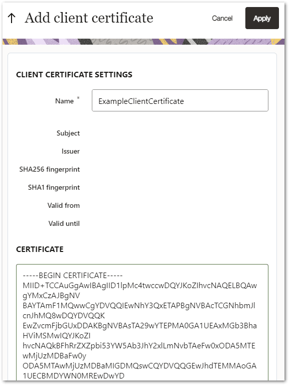 The Add Client Certificate window from the Connections tab on Intelligent Advisor Hub